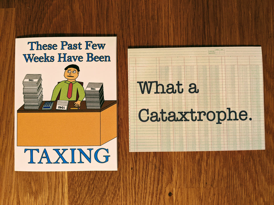 Image of accounting greeting cards with tax jokes