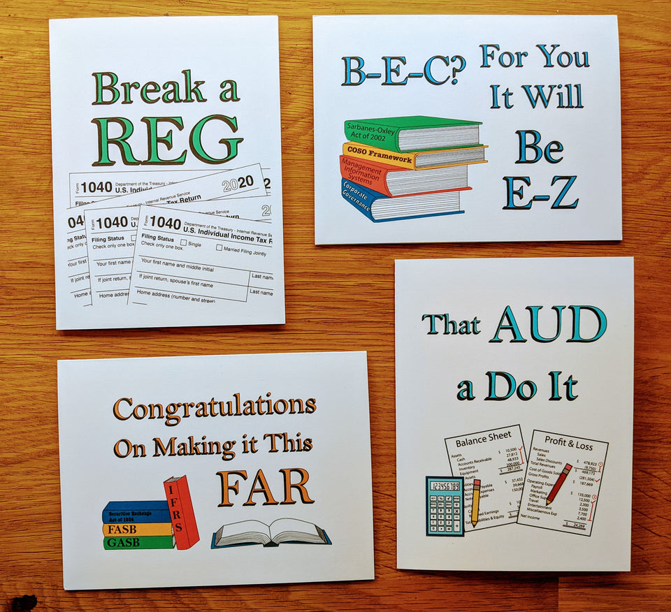 Four CPA exam related greeting card arranged in a square