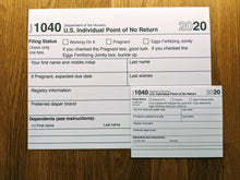 Load image into Gallery viewer, Accounting greeting card parodying a 1040 with references to pregnancy.  A large jumbo-sized card with this design is in the background, with a smaller-sized card with the same design laid atop the lower right quadrant to show the scale and size of the cards.