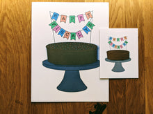 Load image into Gallery viewer, Accounting greeting card, with a chocolate frosted cake with sprinkles on a cake stand, with a banner on top reading "Happy Fiscal YE".  A large jumbo-sized card with this design is in the background, with a smaller-sized card with the same design laid atop the middle right section of the card to show the scale and size of the cards.