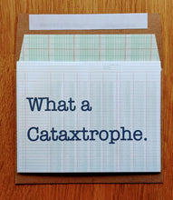 Load image into Gallery viewer, Accounting greeting card sitting atop kraft envelope that says "What a Cataxtrophe"