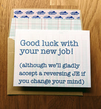Load image into Gallery viewer, Accounting greeting card, with ledger paper background with written text saying "Good luck with your new job!", atop an envelope lined in ledger paper.