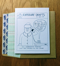 Load image into Gallery viewer, Accounting greeting card with Santa Claus on telephone being told that he violated independence standards and lost his CPA license, atop a ledger paper-lined envelope.