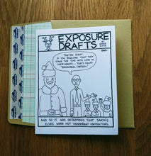 Load image into Gallery viewer, Accounting greeting card where Santa Claus is told by his accountant that his elves do not qualify as independent contractors, atop a ledger paper-lined envelope.