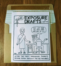 Load image into Gallery viewer, Accounting Hanukkah greeting card with Maccabees reviewing oil budget request, atop a ledger paper-lined envelope.