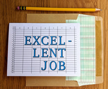 Load image into Gallery viewer, Accounting greeting card, parodying an Excel spreadsheet, with text that reads "Excel-lent Job", atop an envelope lined in ledger paper