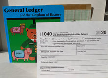 Load image into Gallery viewer, Accounting children&#39;s book in the background, with an accounting greeting cards covering half the front of the book.  The card parodies a Form 1040 but includes references to pregnancy.
