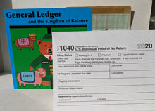 Load image into Gallery viewer, Accounting children's book in the background, with an accounting greeting cards covering half the front of the book.  The card parodies a Form 1040 but includes references to pregnancy.