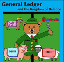 Load image into Gallery viewer, Accounting children's book titled "General Ledger and the Kingdom of Balance" with a picture of a General Ledger (a bear in a military general outfit triumphantly holding up a slide ruler in one hand), King Cash (a cow with a crown and a sash emblazoned with dollar signs and a balance), an Army Accountant (an army ant with a military helmet), a pig with a sash labeled "Debit", and a Sheep with a sash labeled "Credit".  In the background is a giant T-account.