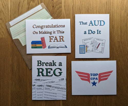 Four motivational CPA Exam accounting greeting cards arranged in a square