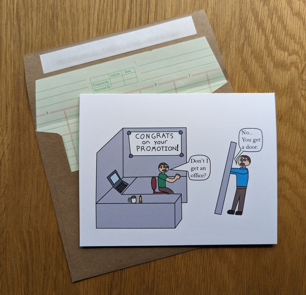 Greeting card showing office worker in cubicle