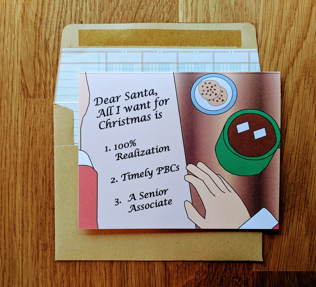 Accounting greeting card with Santa Claus reading a wish list from an accountant that asks for 100% Realization, Timely PBCs, an a Senior Associate.  to the right there is a plate of cookies and a cup of hot cocoa with two marshmallows in it.