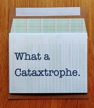 Load image into Gallery viewer, Accounting greeting card sitting atop kraft envelope that says &quot;What a Cataxtrophe&quot;
