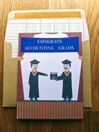Accounting greeting card, with images of a graduation stage with a graduate in cap and gown walking towards a professor in cap and gown, being handed a stack of four CPA Exam review books, with text on a banner that reads 