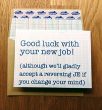 Load image into Gallery viewer, Accounting greeting card, with ledger paper background with written text saying &quot;Good luck with your new job!&quot;, atop an envelope lined in ledger paper.
