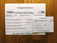 Load image into Gallery viewer, Accounting greeting card parodying a Form 1040 with the &quot;Married Filing Jointly&quot; box checked, with &quot;Congratulations on your New Filing Status&quot; printed on the top and bottom of the card. A large jumbo-sized card with this design is in the background, with a smaller-sized card with the same design laid atop the middle right section of the card to show the scale and size of the cards.
