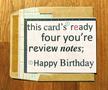 Load image into Gallery viewer, Accounting birthday greeting card, styled like an Excel spreadsheet with blatant grammatical, spelling, and formatting errors that claims to be ready for a supervisor&#39;s review notes, atop an envelope lined in ledger paper

