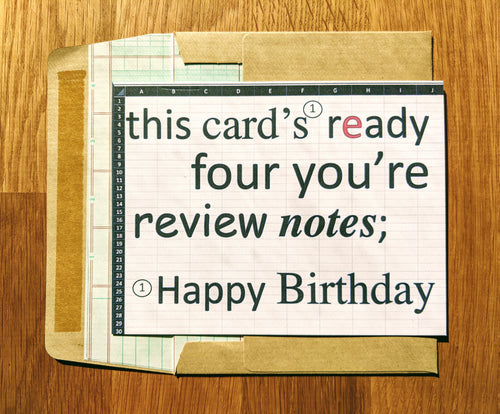 Accounting birthday greeting card, styled like an Excel spreadsheet with blatant grammatical, spelling, and formatting errors that claims to be ready for a supervisor's review notes, atop an envelope lined in ledger paper