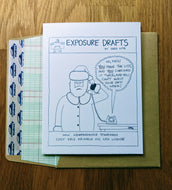 Accounting greeting card with Santa Claus on telephone being told that he violated independence standards and lost his CPA license, atop a ledger paper-lined envelope.