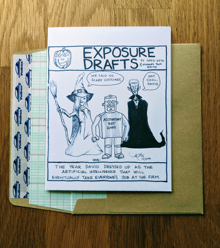 Accounting greeting card drawing of someone in a witch costume, someone in a vampire custom, and someone in a robot costume labeled 