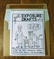 Accounting Hanukkah greeting card with Maccabees reviewing oil budget request, atop a ledger paper-lined envelope.