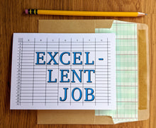 Load image into Gallery viewer, Accounting greeting card, parodying an Excel spreadsheet, with text that reads &quot;Excel-lent Job&quot;, atop an envelope lined in ledger paper
