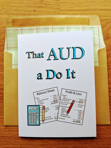 Accounting greeting card, with images of a calculator, financial statements, pencil and red pencil, with text that reads 