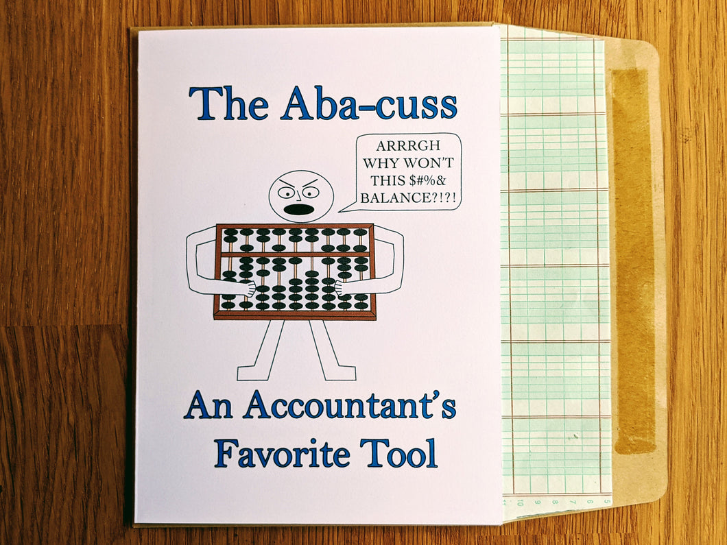 Accounting greeting card with an Abacuss stick figure cursing atop an envelope lined in ledger paper