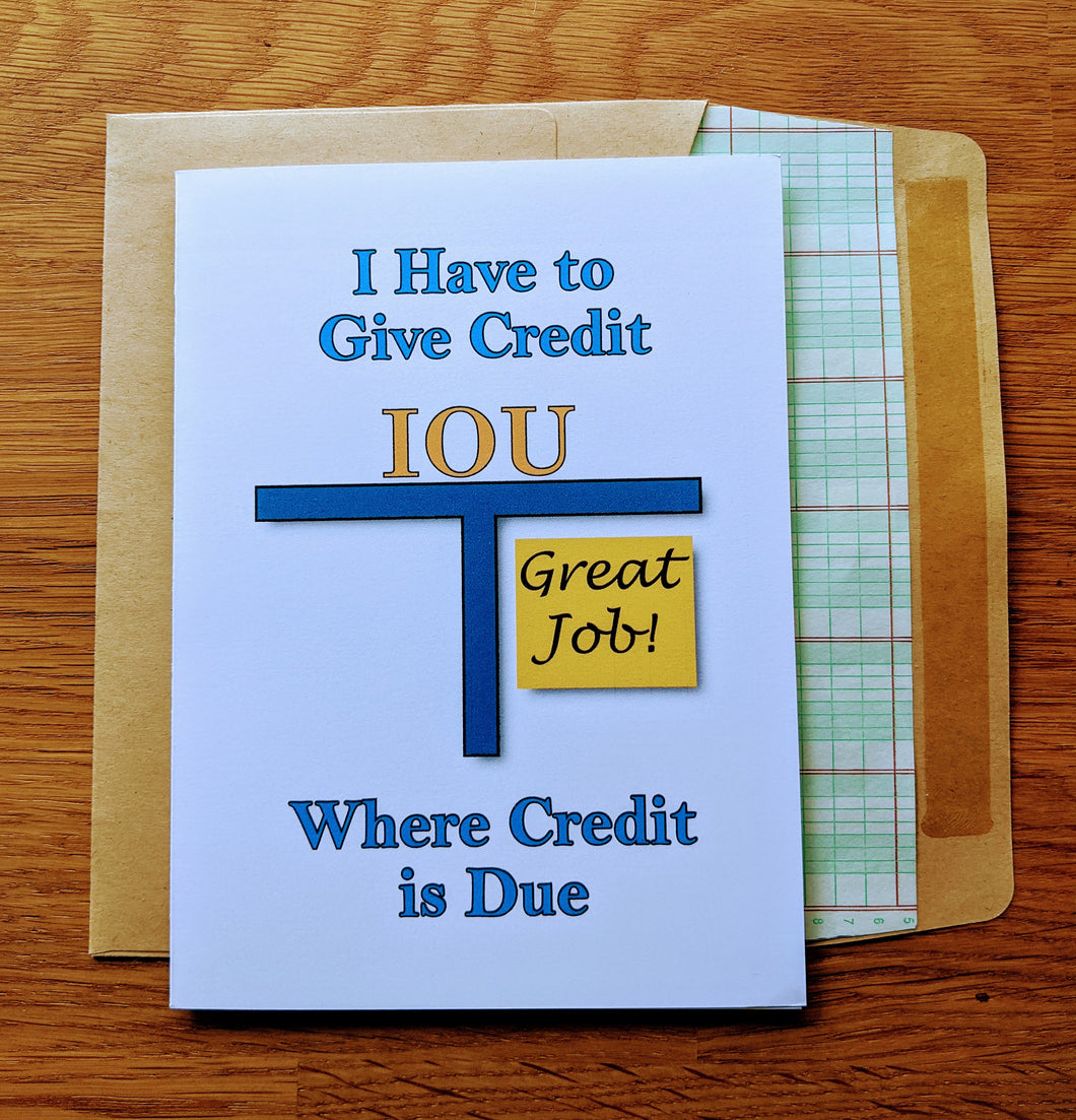 Accounting greeting card, with images of a t-account labeled 